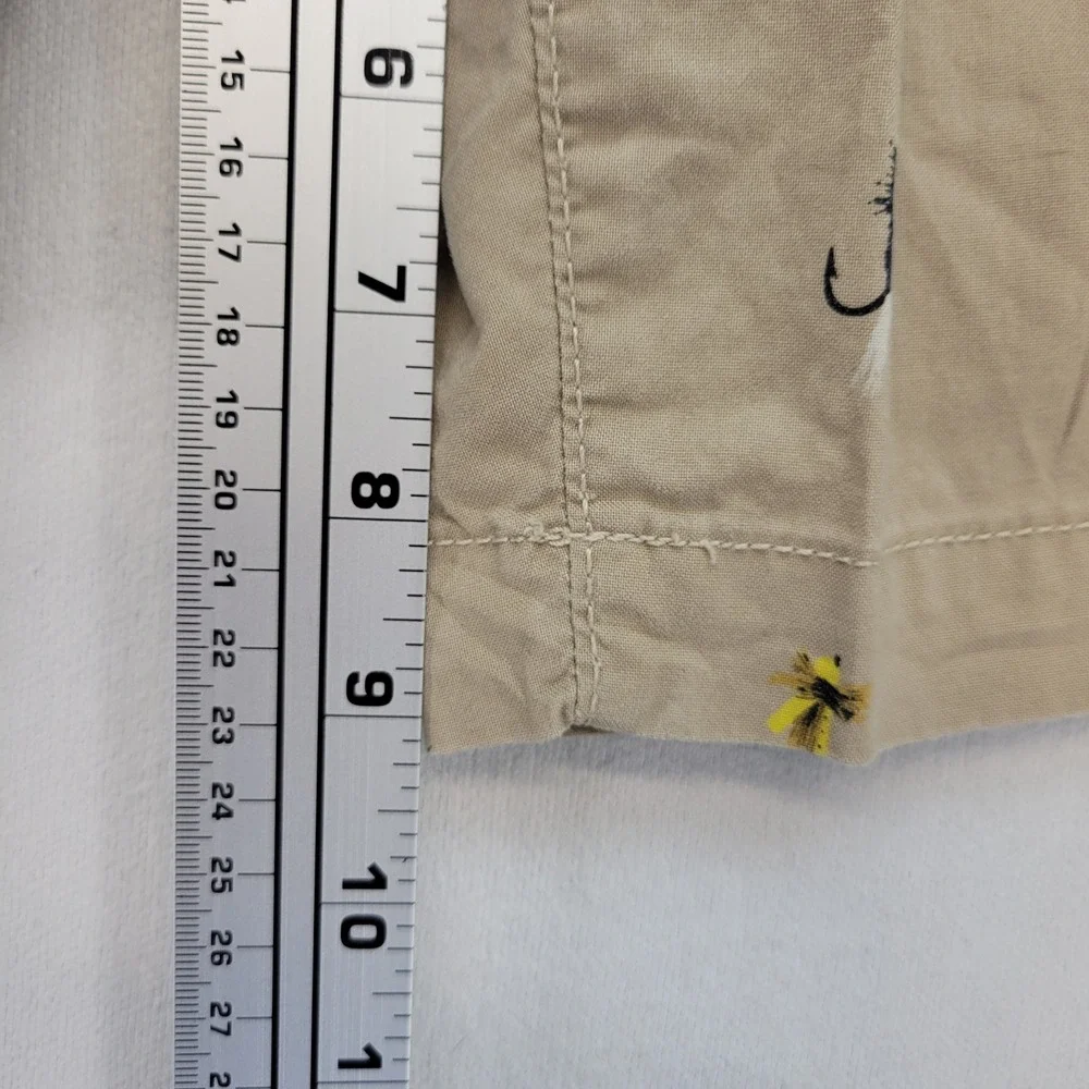 Eddie Bauer Shorts Mens 34 Khaki Tan Fly Fishing Lure Print Cotton Chino Casual